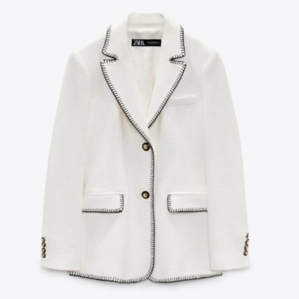 Zara White Textured Tweed Blazer‎ Black Contrast Stitching Gold Buttons Size XS